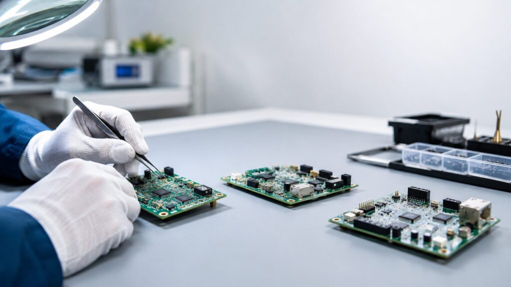 Technician carrying out precision hand finishing on low-volume PCB assemblies.