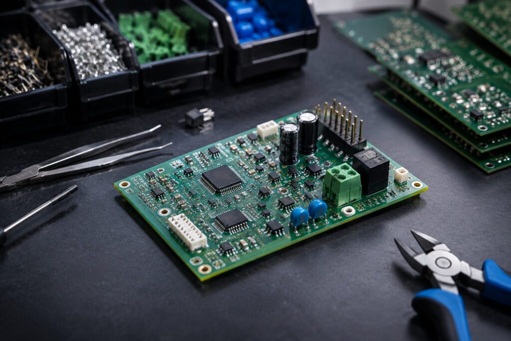 Low-volume printed circuit board assembly on an electronics workbench with tools and components.