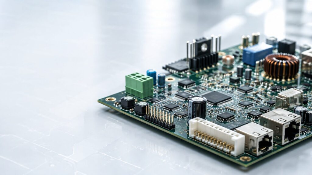 Close-up of a mixed technology PCB with surface-mount and through-hole components.