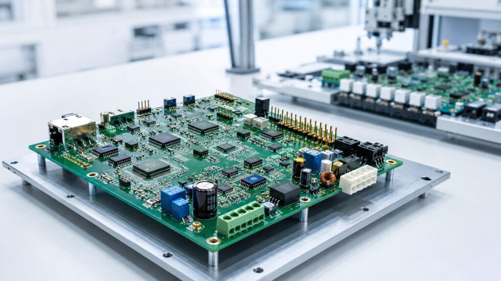 Mixed technology PCB assembly positioned on a manufacturing fixture in an electronics production facility.