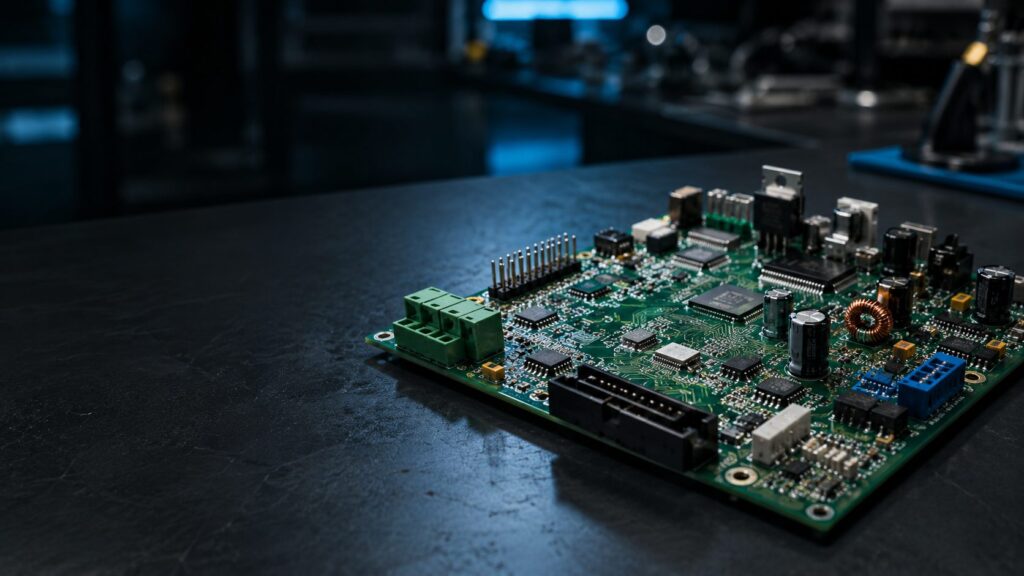 Mixed technology printed circuit board with varied electronic components on a dark engineering workbench.
