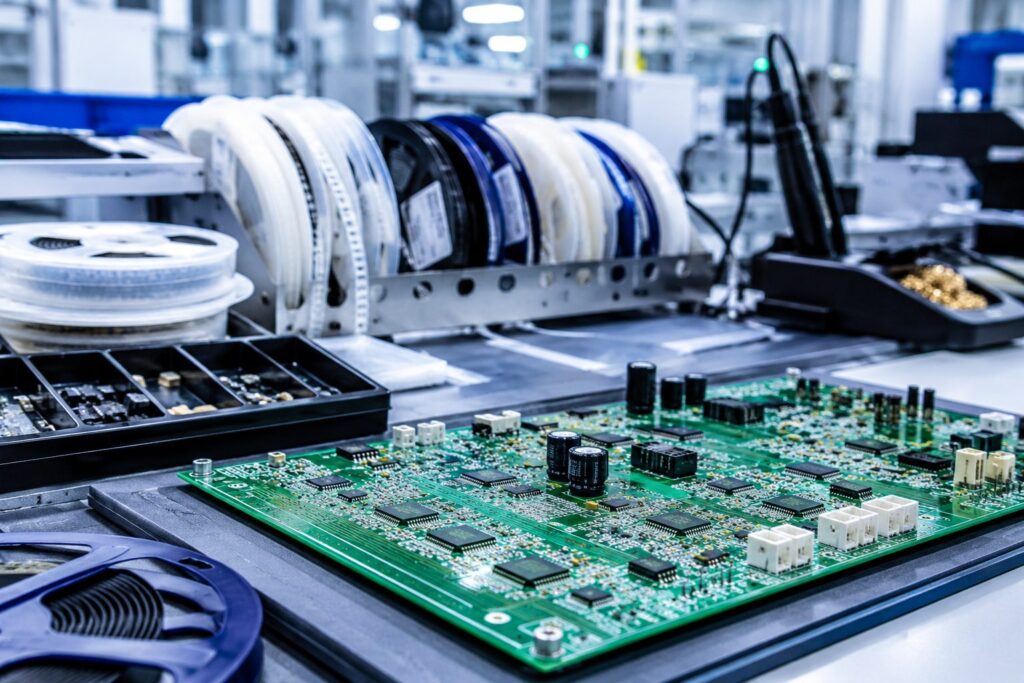 Automated machine placing components onto a printed circuit board during PCB assembly.