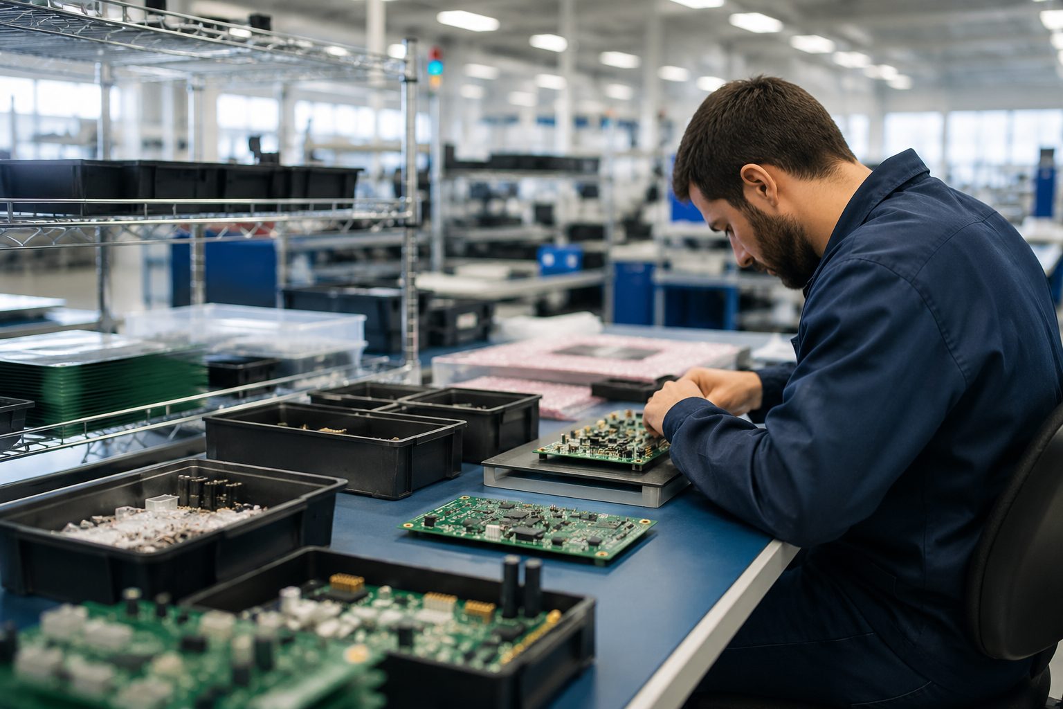 Technician preparing circuit boards and components for PCB assembly production