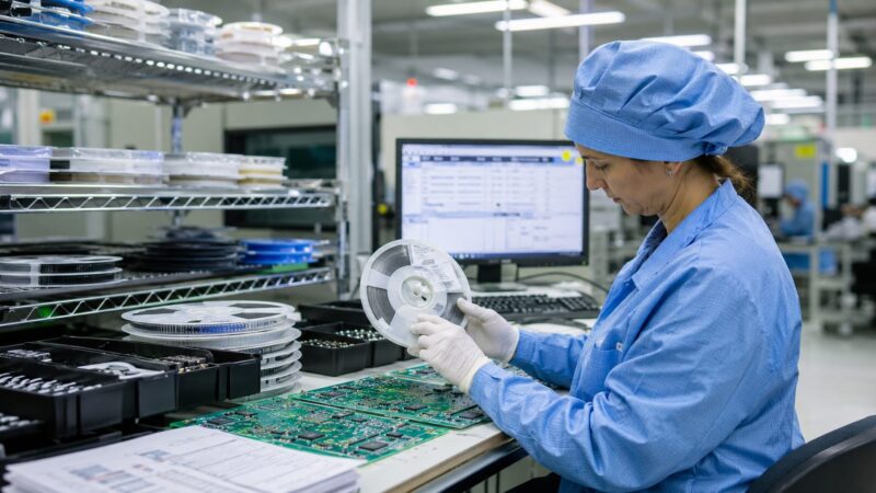 PCB components and circuit boards being checked at an electronics assembly workstation
