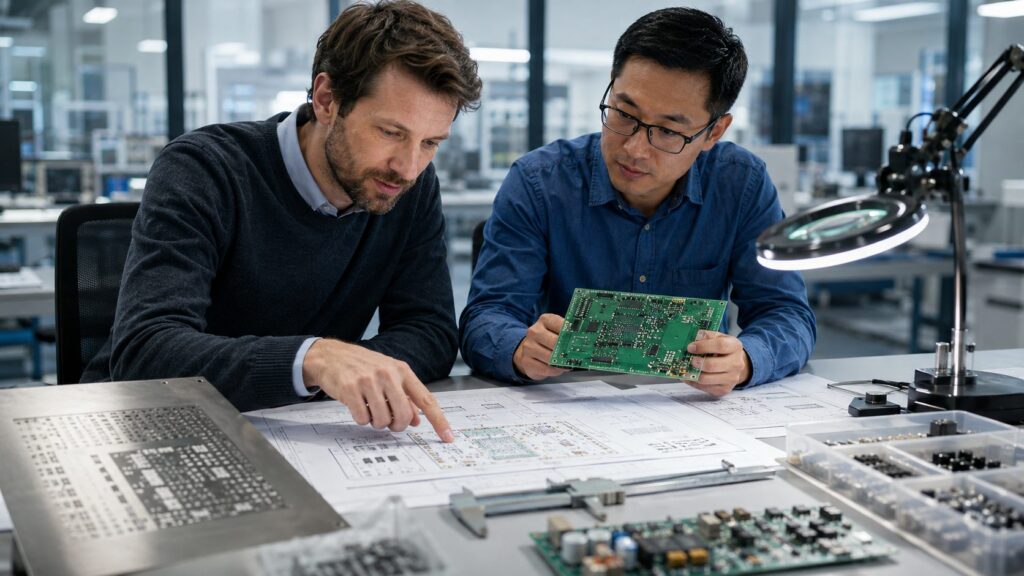 Two engineers reviewing PCB drawings and a circuit board during a DFM assessment.