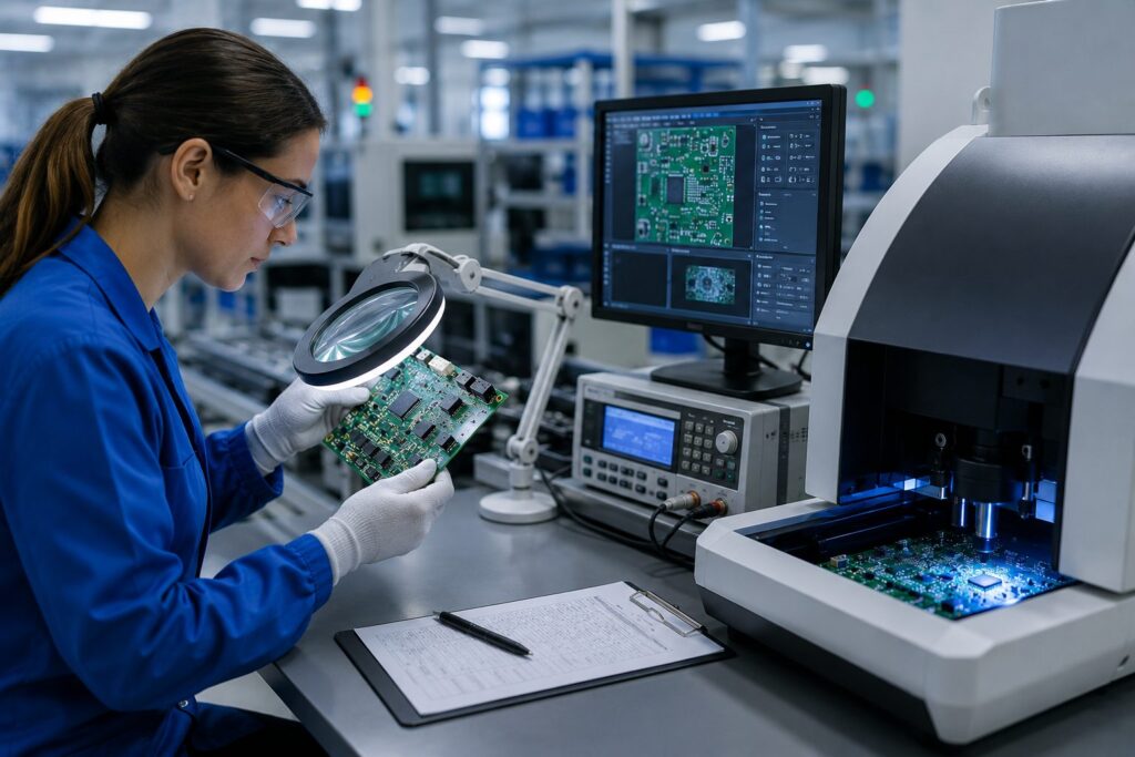 Technician carrying out PCB testing and inspection using specialist electronic equipment