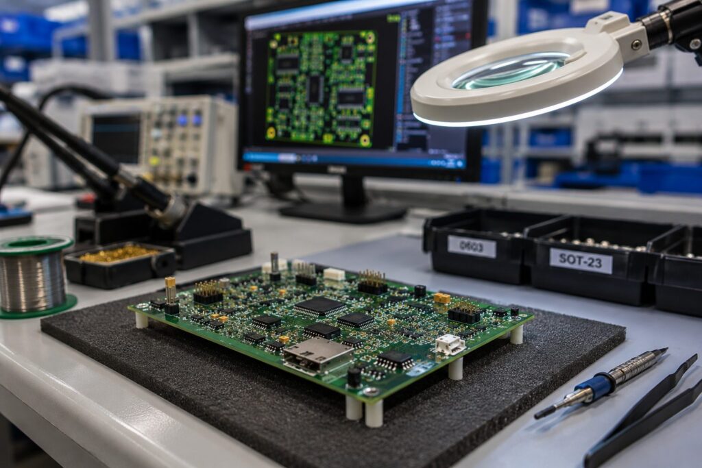 Technician manually soldering components during prototype PCB assembly