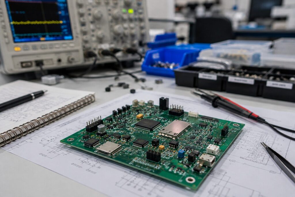 Prototype PCB assembly testing workbench with circuit board and electronic test equipment