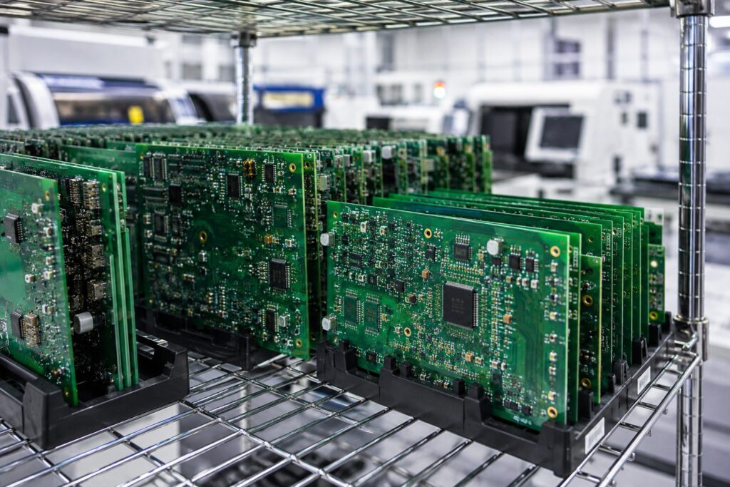 Completed circuit boards stored on racks during turnkey PCB assembly production