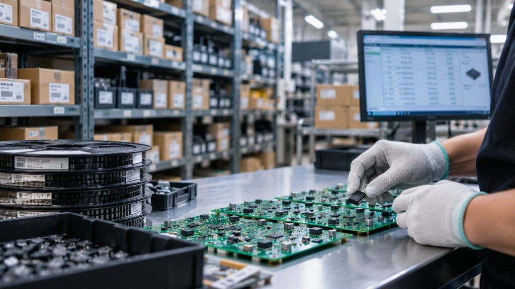 Technician sourcing electronic components for high-volume PCB assembly in a manufacturing facility