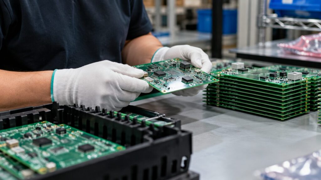 Electronics technician inspecting existing PCB stock and components during production.