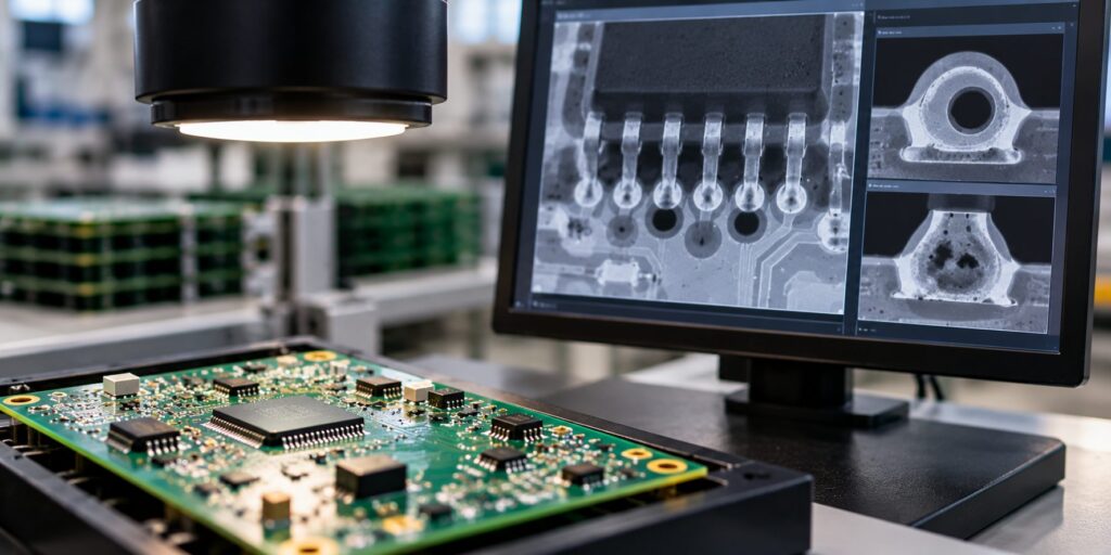 X-ray inspection of PCB solder joints showing voids and potential solder defects.