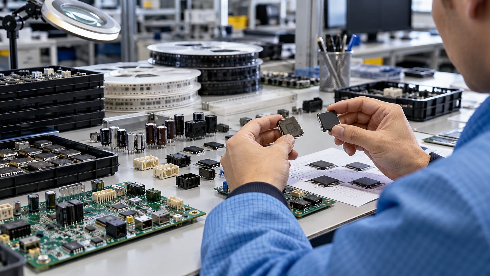 Electronics engineer comparing microchips and PCB components at a manufacturing workbench.
