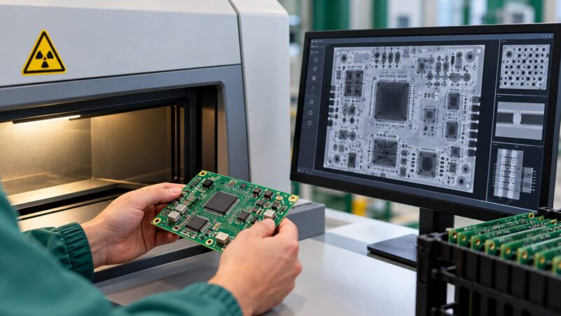 Engineer inspecting a printed circuit board using X-ray imaging during PCB assembly.