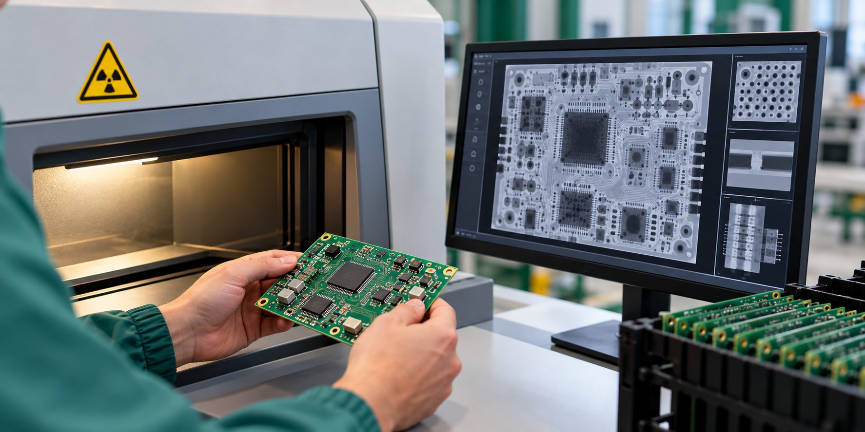 Engineer inspecting a printed circuit board using X-ray imaging during PCB assembly.