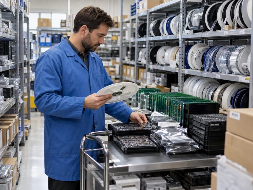 Electronics technician checking reels of components and PCB stock for a lifetime buy before obsolescence.