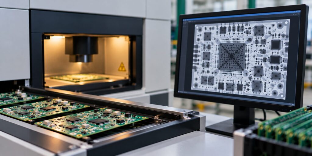 PCB manufacturing line using X-ray inspection equipment to check electronic components and solder joints.